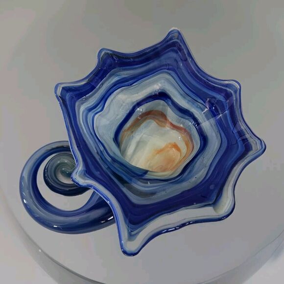 Sooner Bubble Art Glass Blue Free Form Cornucopia Candy Dish Hand Blown USA - Picture 2 of 14